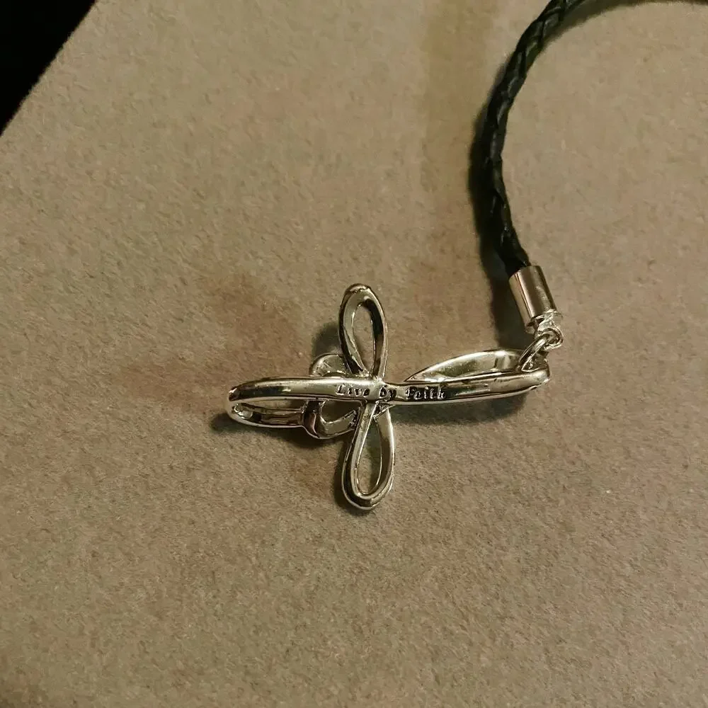 ‘Live by Faith’ Silver Tone Cross Black Leather Braided Cord Bracelet - Picture 4 of 4